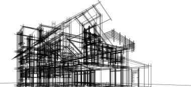 Modern geometrik mimari tasarım, 3D tasarım, gayrimenkul planı, mimari sanat, taslak çizimi.