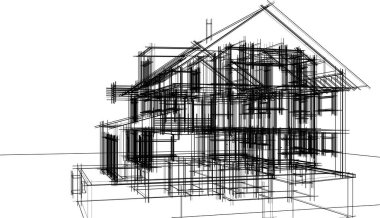 Modern geometrik mimari tasarım, 3D tasarım, gayrimenkul planı, mimari sanat, taslak çizimi.