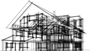 Modern geometrik mimari tasarım, 3D tasarım, gayrimenkul planı, mimari sanat, taslak çizimi.