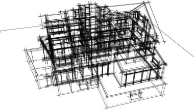 Modern geometrik mimari tasarım, 3D tasarım, gayrimenkul planı, mimari sanat, taslak çizimi.