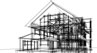 Modern geometrik mimari tasarım, 3D tasarım, gayrimenkul planı, mimari sanat, taslak çizimi.