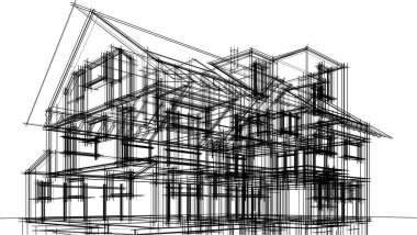 Modern geometrik mimari tasarım, 3D tasarım, gayrimenkul planı, mimari sanat, taslak çizimi.