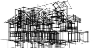 Modern geometrik mimari tasarım, 3D tasarım, gayrimenkul planı, mimari sanat, taslak çizimi.