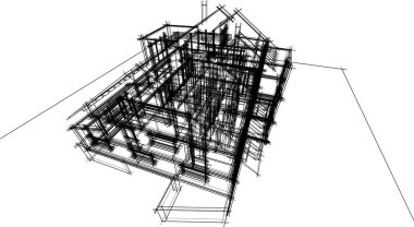 Modern geometrik mimari tasarım, 3D tasarım, gayrimenkul planı, mimari sanat, taslak çizimi.