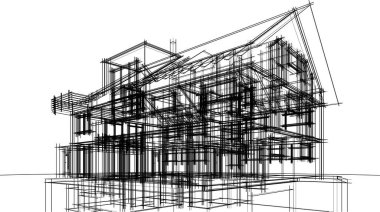 Modern geometrik mimari tasarım, 3D tasarım, gayrimenkul planı, mimari sanat, taslak çizimi.