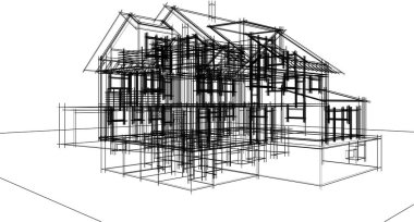 Modern geometrik mimari tasarım, 3D tasarım, gayrimenkul planı, mimari sanat, taslak çizimi.