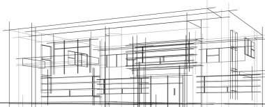 Modern geometrik mimari tasarım, 3D tasarım, gayrimenkul planı, mimari sanat, taslak çizimi.