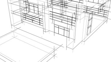 Modern geometrik mimari tasarım, 3D tasarım, gayrimenkul planı, mimari sanat, taslak çizimi.