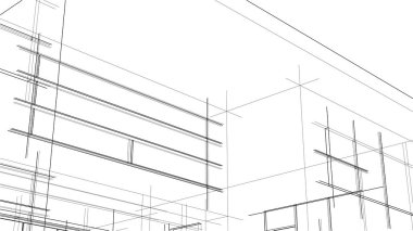 Modern geometrik mimari tasarım, 3D tasarım, gayrimenkul planı, mimari sanat, taslak çizimi.