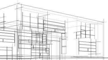 Modern geometrik mimari tasarım, 3D tasarım, gayrimenkul planı, mimari sanat, taslak çizimi.