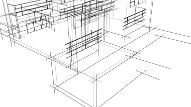 Modern geometrik mimari tasarım, 3D tasarım, gayrimenkul planı, mimari sanat, taslak çizimi.