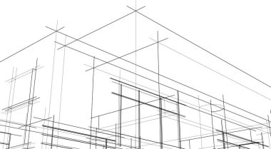 Modern geometrik mimari tasarım, 3D tasarım, gayrimenkul planı, mimari sanat, taslak çizimi.