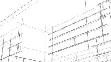 Modern geometrik mimari tasarım, 3D tasarım, gayrimenkul planı, mimari sanat, taslak çizimi.