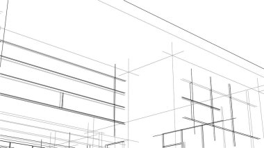 Modern geometrik mimari tasarım, 3D tasarım, gayrimenkul planı, mimari sanat, taslak çizimi.