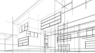 Modern geometrik mimari tasarım, 3D tasarım, gayrimenkul planı, mimari sanat, taslak çizimi.