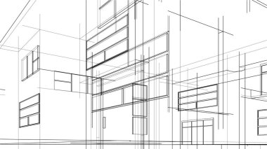 Modern geometrik mimari tasarım, 3D tasarım, gayrimenkul planı, mimari sanat, taslak çizimi.