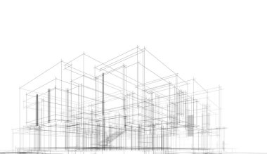 Modern geometrik mimari tasarım, 3D tasarım, gayrimenkul planı, mimari sanat, taslak çizimi.