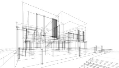 Modern geometrik mimari tasarım, 3D tasarım, gayrimenkul planı, mimari sanat, taslak çizimi.