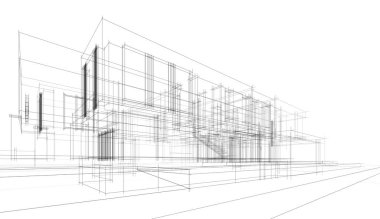 Modern geometrik mimari tasarım, 3D tasarım, gayrimenkul planı, mimari sanat, taslak çizimi.