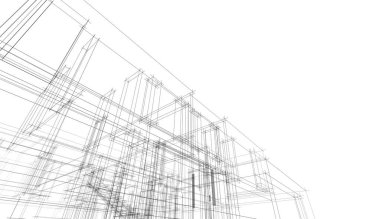 Modern geometrik mimari tasarım, 3D tasarım, gayrimenkul planı, mimari sanat, taslak çizimi.