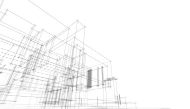 Modern geometrik mimari tasarım, 3D tasarım, gayrimenkul planı, mimari sanat, taslak çizimi.