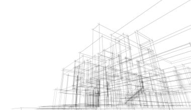 Modern geometrik mimari tasarım, 3D tasarım, gayrimenkul planı, mimari sanat, taslak çizimi.