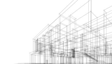 Modern geometrik mimari tasarım, 3D tasarım, gayrimenkul planı, mimari sanat, taslak çizimi.