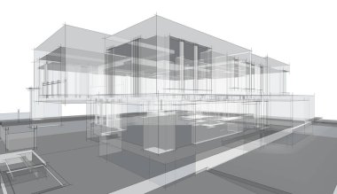 Modern geometrik mimari tasarım, 3D tasarım, gayrimenkul planı, mimari sanat, taslak çizimi.