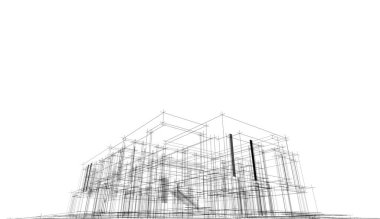 Modern geometrik mimari tasarım, 3D tasarım, gayrimenkul planı, mimari sanat, taslak çizimi.