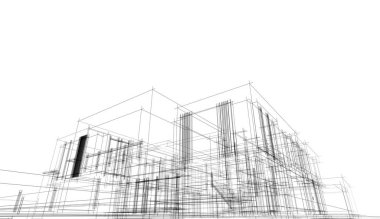 Modern geometrik mimari tasarım, 3D tasarım, gayrimenkul planı, mimari sanat, taslak çizimi.
