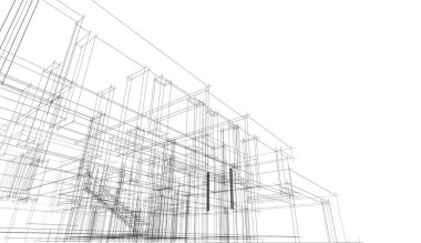 Modern geometrik mimari tasarım, 3D tasarım, gayrimenkul planı, mimari sanat, taslak çizimi.
