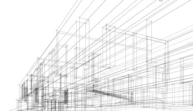 Modern geometrik mimari tasarım, 3D tasarım, gayrimenkul planı, mimari sanat, taslak çizimi.