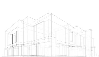 Modern geometrik mimari tasarım, 3D tasarım, gayrimenkul planı, mimari sanat, taslak çizimi.