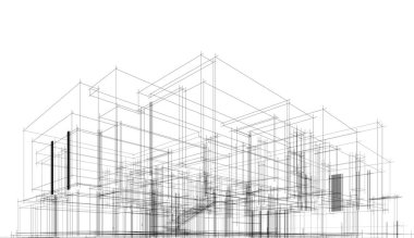 Modern geometrik mimari tasarım, 3D tasarım, gayrimenkul planı, mimari sanat, taslak çizimi.