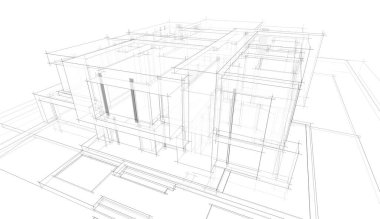 Modern geometrik mimari tasarım, 3D tasarım, gayrimenkul planı, mimari sanat, taslak çizimi.