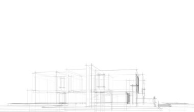Modern geometrik mimari tasarım, 3D tasarım, gayrimenkul planı, mimari sanat, taslak çizimi.