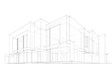 Modern geometrik mimari tasarım, 3D tasarım, gayrimenkul planı, mimari sanat, taslak çizimi.