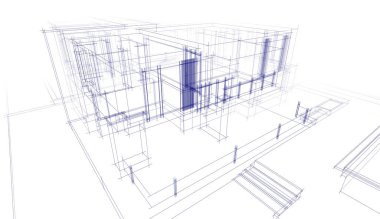 Modern geometrik mimari tasarım, 3D tasarım, gayrimenkul planı, mimari sanat, taslak çizimi.