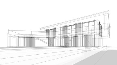 Modern geometrik mimari tasarım, 3D tasarım, gayrimenkul planı, mimari sanat, taslak çizimi.