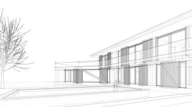 Modern geometrik mimari tasarım, 3D tasarım, gayrimenkul planı, mimari sanat, taslak çizimi.