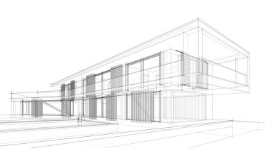 Modern geometrik mimari tasarım, 3D tasarım, gayrimenkul planı, mimari sanat, taslak çizimi.