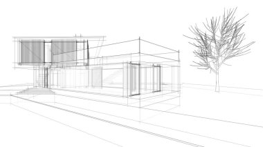 Modern geometrik mimari tasarım, 3D tasarım, gayrimenkul planı, mimari sanat, taslak çizimi.