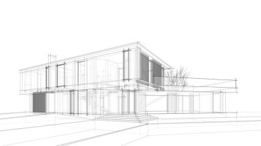 Modern geometrik mimari tasarım, 3D tasarım, gayrimenkul planı, mimari sanat, taslak çizimi.
