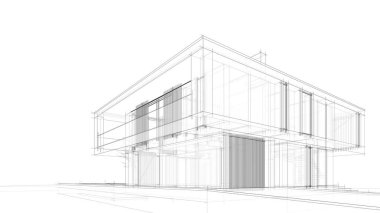 Modern geometrik mimari tasarım, 3D tasarım, gayrimenkul planı, mimari sanat, taslak çizimi.