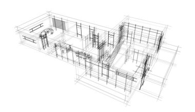 Modern geometrik mimari tasarım, 3D tasarım, gayrimenkul planı, mimari sanat, taslak çizimi.