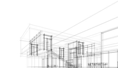 Modern geometrik mimari tasarım, 3D tasarım, gayrimenkul planı, mimari sanat, taslak çizimi.
