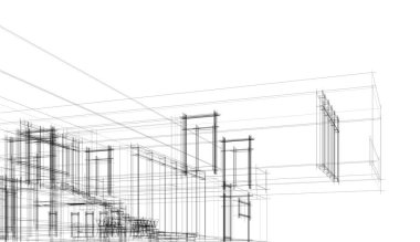 Modern geometrik mimari tasarım, 3D tasarım, gayrimenkul planı, mimari sanat, taslak çizimi.