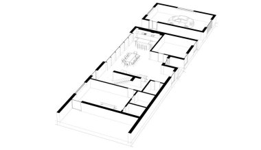 Modern geometrik mimari tasarım, 3D tasarım, gayrimenkul planı, mimari sanat, taslak çizimi.