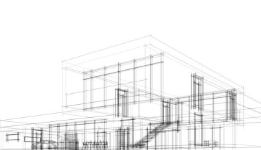 Modern geometrik mimari tasarım, 3D tasarım, gayrimenkul planı, mimari sanat, taslak çizimi.