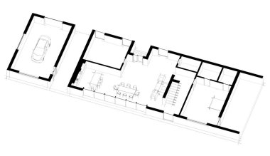 Modern geometrik mimari tasarım, 3D tasarım, gayrimenkul planı, mimari sanat, taslak çizimi.